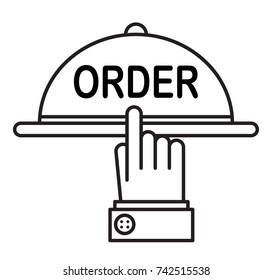 hand and large dish, ordering food, order button, vector image, flat design, black and white sticker