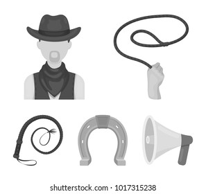 Hand lasso, cowboy, horseshoe, whip. Rodeo set collection icons in monochrome style vector symbol stock illustration web.