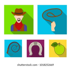 Hand lasso, cowboy, horseshoe, whip. Rodeo set collection icons in flat style vector symbol stock illustration web.