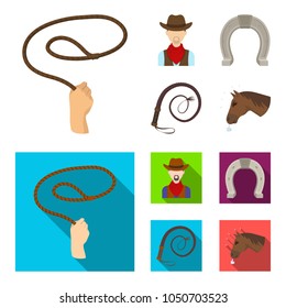 Hand lasso, cowboy, horseshoe, whip. Rodeo set collection icons in cartoon,flat style vector symbol stock illustration web.