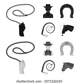 Hand lasso, cowboy, horseshoe, whip. Rodeo set collection icons in black,monochrom style vector symbol stock illustration web.