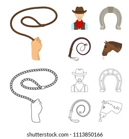 Hand lasso, cowboy, horseshoe, whip. Rodeo set collection icons in cartoon,outline style vector symbol stock illustration web.