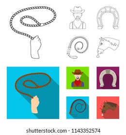 Hand lasso, cowboy, horseshoe, whip. Rodeo set collection icons in outline,flat style vector symbol stock illustration web.