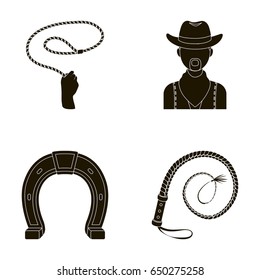 Hand lasso, cowboy, horseshoe, whip. Rodeo set collection icons in black style vector symbol stock illustration web.