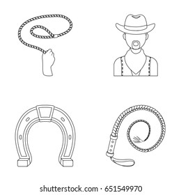 Hand lasso, cowboy, horseshoe, whip. Rodeo set collection icons in outline style vector symbol stock illustration web.