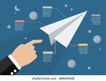Hand launch paper rocket in space infographic. Vector Illustration