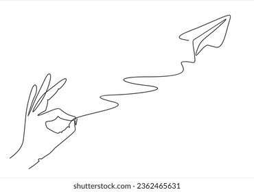 Hand launches into the sky airplane  isolated on white background. continuous line illustration. one line vector. concept of traveling