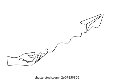 Hand launches into the sky airplane isolated on white background. continuous line illustration. one line vector. concept of traveling.Editable stroke. Doodle vector illustration	
