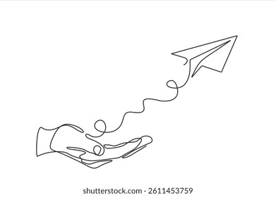 Hand launches into the sky airplane isolated on white background. continuous line illustration. one line vector. concept of traveling.Editable stroke. Doodle vector illustration	