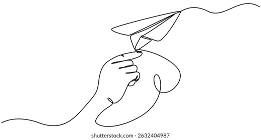 Hand launches into the sky airplane isolated on white background. continuous line illustration. one line vector. concept of traveling, start up, Paper plane icon line continuous drawing vector.