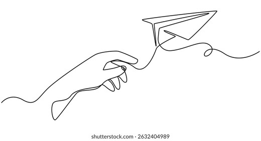 Hand launches into the sky airplane isolated on white background. continuous line illustration. one line vector. concept of traveling, start up, Paper plane icon line continuous drawing vector.