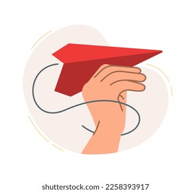 The hand launches the message airplane. The concept of a business idea, startup, organization, brainstorming. Vector illustration isolated on a white background