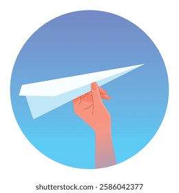 Hand launches a paper airplane into the sky