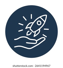 Hand launches rocket representing startup. Icon symbol illustration