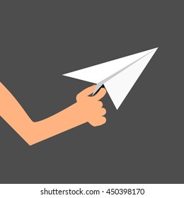 Hand launching paper plane. Vector illustration.