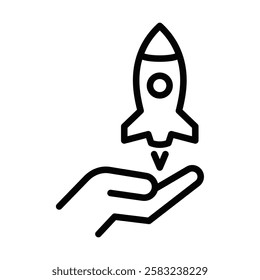 Hand launching a rocket icon, simple vector design. Editable stroke.