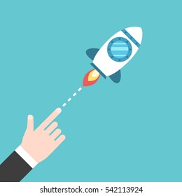 Hand launching space rocket flying diagonally. Beginning, startup, innovation and project concept. Flat design. EPS 8 vector illustration, no transparency