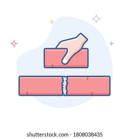 Hand laying bricks outline vector icon. Brickwork line illustration. Hand holding brick.