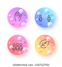 Hand, Leadership and Organic tested minimal line icons. 3d spheres or balls buttons. Consulting business icons. For web, application, printing. Waving palm, Winner flag, Paraben. Team meeting. Vector