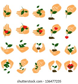 Hand And Leaf Icons - Set - Isolated On White Background - Vector Illustration, Graphic Design Editable For Your Design. Hand Logo 