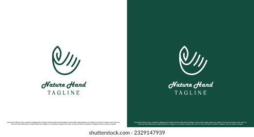Hand leaf logo design illustration. Leaf line silhouette modern minimalist elegant simple hand gesture. Eco-friendly flora plant flora ecosystem symbol nature green leaves forest mountain zoo garden.