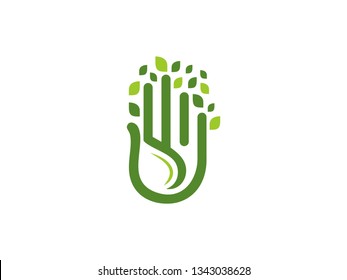 Hand and Leaf Logo.  Green Leaves Logo. Vector Leaf Nature. Healthcare Logo. Eco Natural Organic