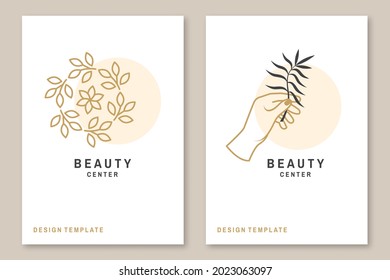 Hand with leaf logo, label, badge, sign, emblem, beauty center. Set for cosmetics, jewellery, beauty and handmade products, tattoo studios. Linear trendy style. Vector illustration. Thin line icon