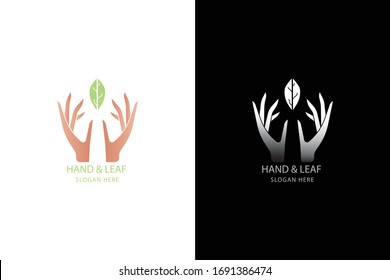 Hand and leaf logo template. Premium design