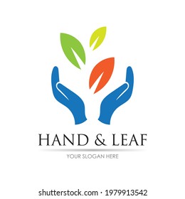 plantilla de diseño de ilustraciones vectoriales con logotipo de mano y hoja
