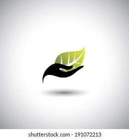 hand & leaf - nature conservation or spa concept vector. The graphic illustration also represents protecting natural resources, organic products, wellness industry, alternative health