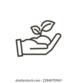Hand mit Blattpflanzensprossen. Vektorgrafik in dünnen Linien Symbol Umrissgrafik. Nachhaltigkeit, Umwelt, biologische Erzeugnisse und Themen