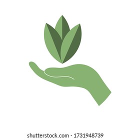 Hand with leaf silhouette vector design illustration