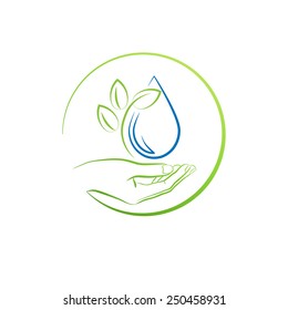 Hand, leaf and water drop, concept vector illustration