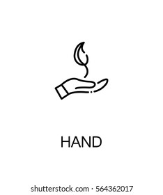 Hand with leafe icon. Single high quality outline symbol for web design or mobile app. Thin line sign for design logo. Black outline pictogram on white background