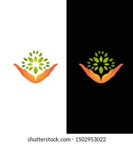 Hand and leafs vector logo template.