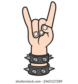 Hand with leather bracelets with spikes depicts a gesture in the form of the little finger and index finger put forward, Goat symbol color variation. Image produced without the use of any form of AI 