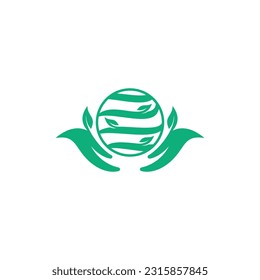 hand with leave holding circle globe logo design, Globe, leaf, and hand vector illustration design template