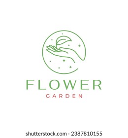 mano con hojas forma de círculo estilo línea simple mínimo de jardinería florista diseño vectorial ilustración icono