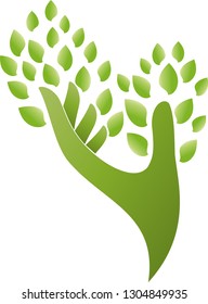 Hand and leaves in green logo