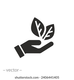 mano con icono de hojas, protección del medio ambiente, naturaleza del cuidado, eco-friendly, símbolo plano - ilustración del vector