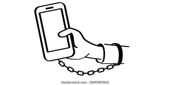 A hand or leg chained to a smartphone, which is a conceptual illustration of phone or internet addiction, nomophobia. mobile phone phobia, device or internet addiction concept. chain, social media app