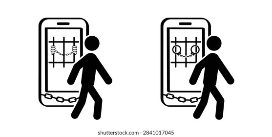 A hand or leg chained to a smartphone, which is a conceptual illustration of phone or internet addiction, nomophobia. mobile phone phobia, device or internet addiction concept. chain, social media app.