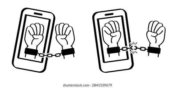 A hand or leg chained to a smartphone, which is a conceptual illustration of phone or internet addiction, nomophobia. mobile phone phobia, device or internet addiction concept. chain, social media app