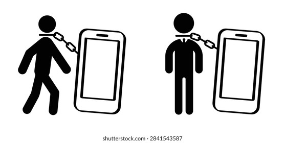 A hand or leg chained to a smartphone, which is a conceptual illustration of phone or internet addiction, nomophobia. mobile phone phobia, device or internet addiction concept. chain, social media app