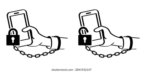 A hand or leg chained to a smartphone, which is a conceptual illustration of phone or internet addiction, nomophobia. mobile phone phobia, device or internet addiction concept. chain, social media app