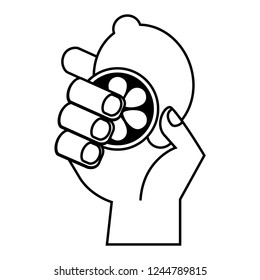 hand with lemon on white background