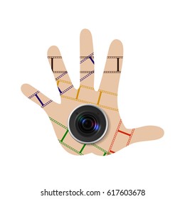 hand with the lens from the camera on the palm
