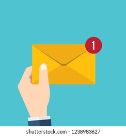 Hand with letter envelope, email message, mail delivery. Flat style vector illustration. 