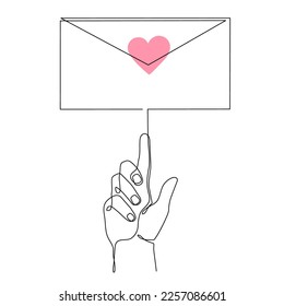 Hand with letter in envelope and heart,one line art,continuous contour drawing,hand-drawn gesture, symbol of romantic love. Decoration for St. Valentine's Day,palm and wrist. Editable stroke.Isolated