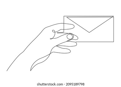 Hand with letter, one line art, continuous contour drawing, hand-drawn gesture with envelope, paper message. Symbol of communication between people, correspondence. Editable stroke.Isolated.Vector
